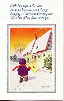 Christmas postcard, Little child goes to post a card Date: 20th century