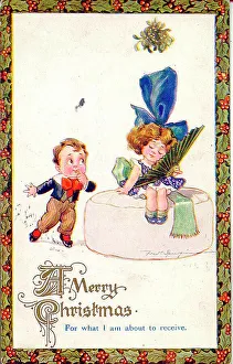 Spurgin Prints: Christmas postcard, Little girl and boy under mistletoe