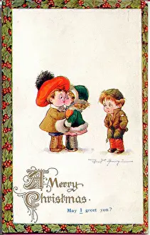 Greet Prints: Christmas postcard, Little girl and two boys - May I greet you? Date: early 20th century