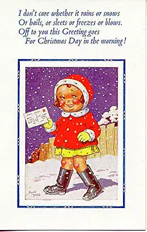 Christmas postcard, Little girl goes to post a card Date: 20th century