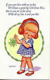 Christmas postcard, Little girl with mistletoe Date: 20th century