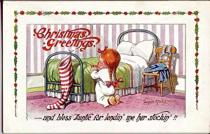 Bedtime Prints: Christmas postcard, Little girl says her prayers before bed. Date: 20th century
