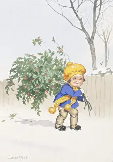 Berries Prints: Christmas postcard, Little girl in the snow with holly Date: 20th century