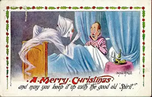 Haunted Prints: Christmas postcard, Man in bed sees a ghost (or spirit). Date: 20th century