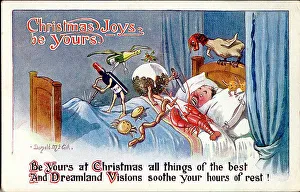 Nightmare Prints: Christmas postcard, Man having a nightmare about food. Date: 20th century