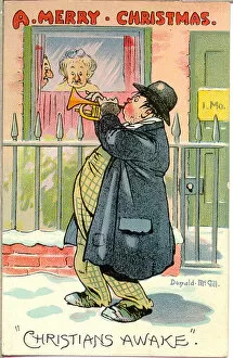 Christmas postcard, Man playing bugle in the street - Christians Awake Date