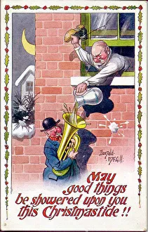 Noise Prints: Christmas postcard, Man silences tuba player. Date: 20th century