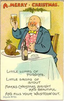 Stout Prints: Christmas postcard, Man at a table with pudding and stout Date: 20th century