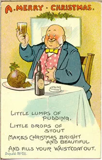 Raising Gallery: Christmas postcard, Man at a table with pudding and stout Date: 20th century