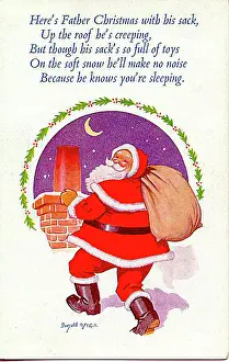 Christmas postcard, Santa Claus approaches chimney Date: 20th century