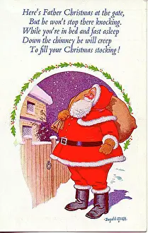 Christmas postcard, Santa Claus approaches house Date: 20th century