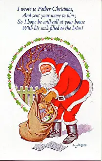 Christmas postcard, Santa Claus with sack of presents Date: 20th century