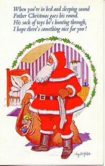 Christmas postcard, Santa Claus with sack of toys Date: 20th century