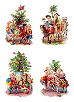 Christmas scenes on four Victorian scraps