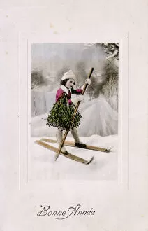 Brings Collection: Christmas, Winter - Young girl on Skis brings home Mistletoe