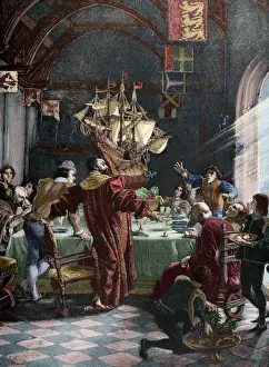 Christopher Columbus (1451-1506). Engraving. Colored
