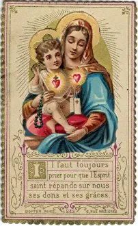 Rosary Prints: Chromolithograph Devotional Card - Mary with Baby Jesus