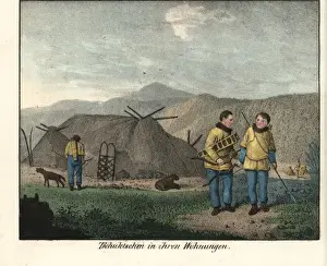 Chukchi hunters with bow, arrows, spears and hunting dogs