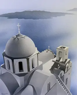 Over Looking Prints: Church building overlooking a calm sea