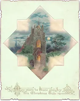 Moonlit Prints: Church in moonlight on a fabric Christmas card