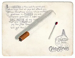 Cigarette and match with comic verse on a Christmas card