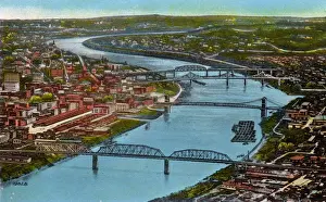 Jul18 Prints: Cincinnati, Ohio, USA, Aerial View of Ohio River and Bridges