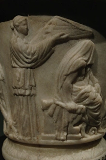 Cinerary urn with reliefs depicting Heracles (Hercules) begi Cinerary urn with reliefs depicting Heracles (Hercules) begi