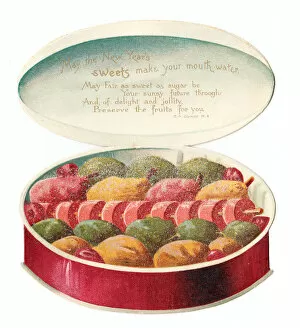 Images Dated 9th May 2018: Circular box of sweets on a New Year card