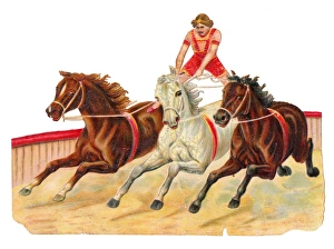 Acrobatics Gallery: Circus performer on three horses on a Victorian scrap