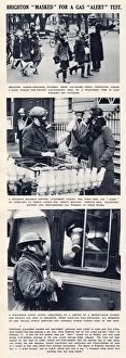 Citizens of Brighton shown wearing gas masks in everyday situations in 1941
