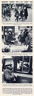 Schoolchildren Prints: Citizens of Brighton shown wearing gas masks in everyday situations in 1941