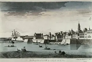 Cadiz Prints: City of Cadiz seen from the harbour. Engraving