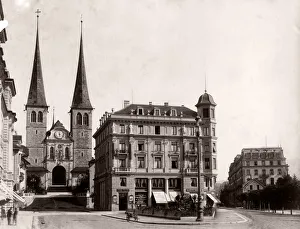 City centre view, Lucerne, Switzerland, church of St Leodegar