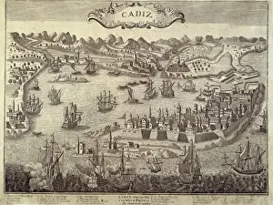 Cf9 Z Prints: City and harbour of Cadiz. Engraving. SPAIN