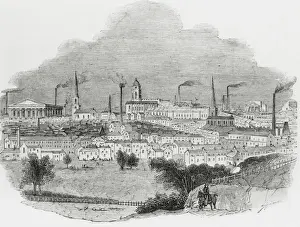 Newsprint Prints: Cityscape of Birmingham, eng / newsprint, 1847