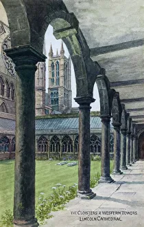 Cloisters Prints: Cloisters and western towers, Lincoln Cathedral, Lincolnshi
