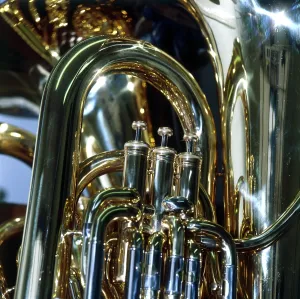 Close-up shot of the stops on a Tuba