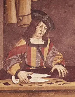 Issogne Prints: Cloth Merchant Cutting Cloth. 15th C. Detail
