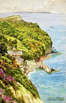 Clovelly Prints: Clovelly Harbour and Lundy Island, Devon