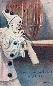 Clown with barrel on a comic greetings card