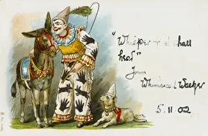 Clown with a donkey and a dog
