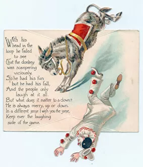 Clown falling from a donkey on a greetings card