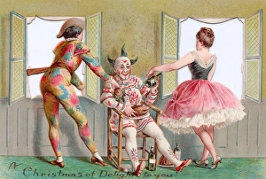 Clown with food and drink on a Christmas and New Year card Clown with food and drink on a Christmas and New Year card