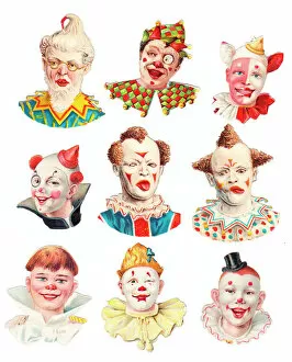 Bells Collection: Clown heads on nine Victorian scraps