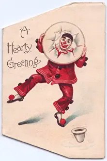 Grinning Prints: Clown with paper hoop on a greetings card