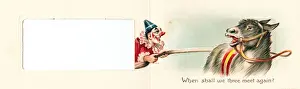 Movable Prints: Clown pulling a donkeys tail on a Christmas card