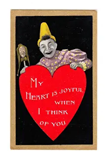 Clown with red heart on a Valentine postcard