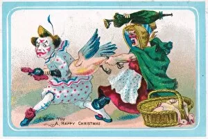Clown stealing goose on a Christmas card