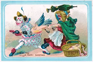 Circus Prints: Clown stealing goose on a Christmas card