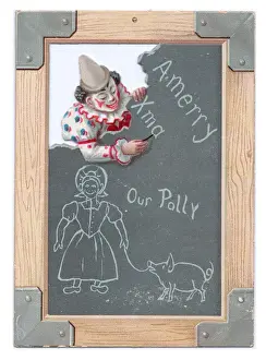 Clown writing on a slate on a Christmas card